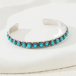 Western Style Turquoise Cabochon Bangle Bracelet -Sleeping Beauty Navajo Native American Turquoise Hammered Cuff Bracelet 6cm
