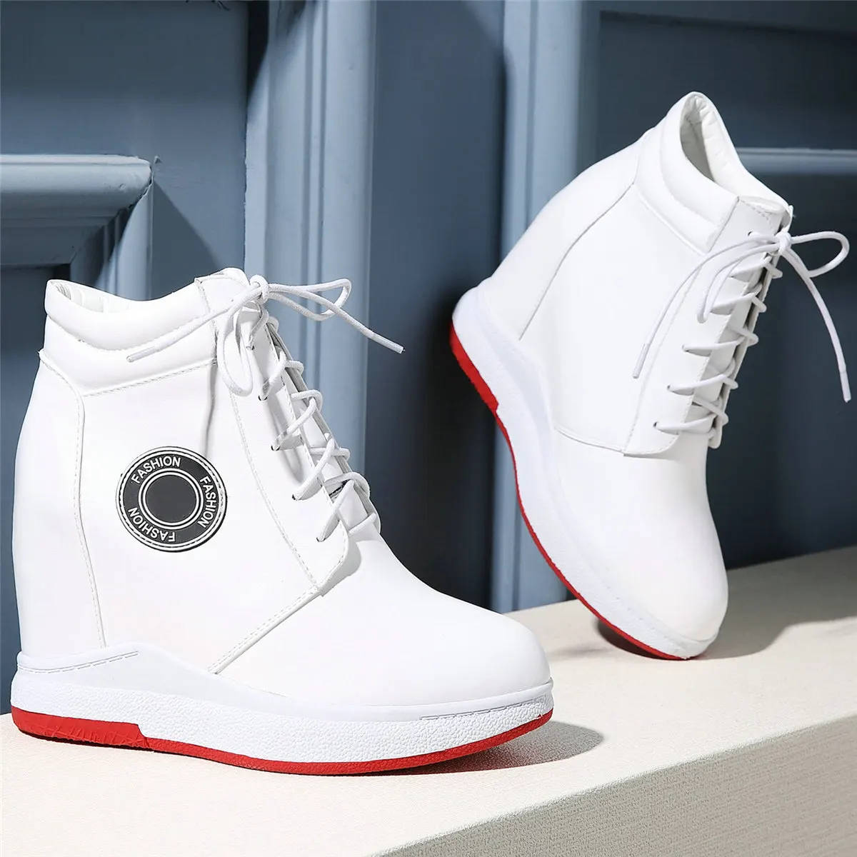 Vulcanized Shoes Plus Size Shoes Women Genuine Leather Wedges High Heel Pumps Female Round Toe Fashion Sneakers Big Size Shoes