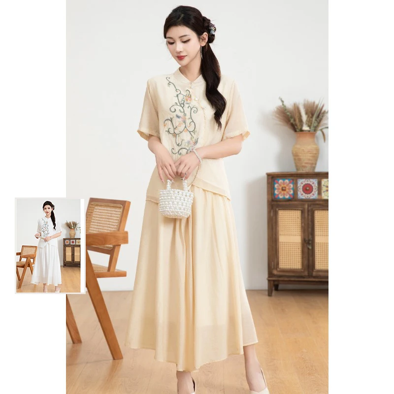 

Faionable Embroidered Asymmetrical ort Sve Women's Set Summer New Sle Loose Cotton Two-Piece Suit Ele Skirt