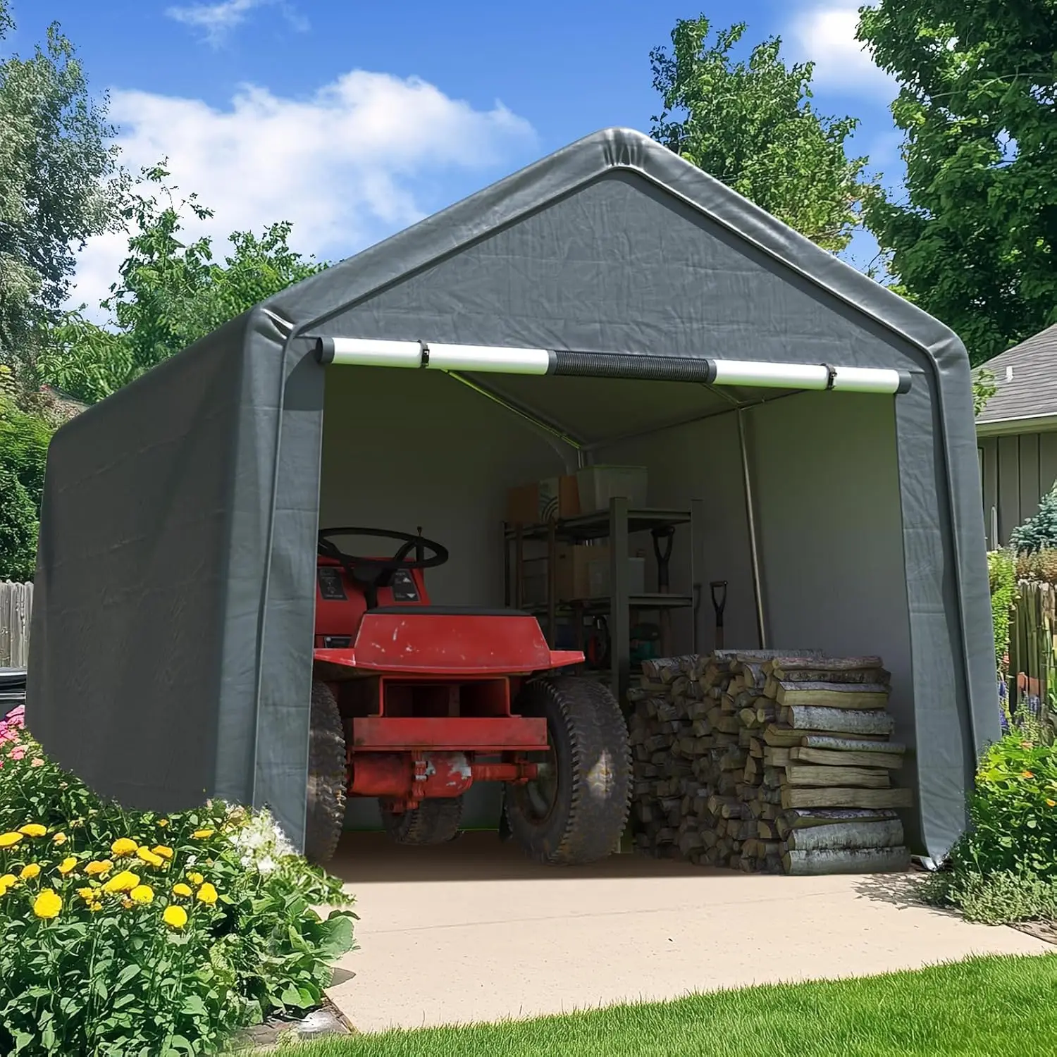 Heavy Duty Portable Garage for Motorcycle, ATV, Riding Mower Waterproof Storage Tent with Reinforced Frame, Dark Gray