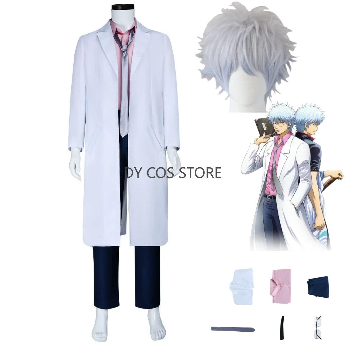 

Anime Gintama Sakata Ginpa Teacher Cosplay Costume White Long Coat Pink Shirt Uniform Wig Man Woman Halloween Carnival Suit