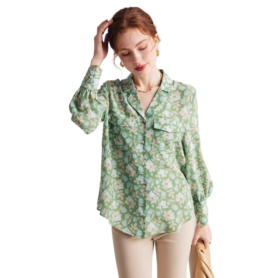 

Silk Shirt Women 2025 Spring Summer New Long Sleeve Crepe Print Blouse 100% real Silk Shirt with Notched Collar