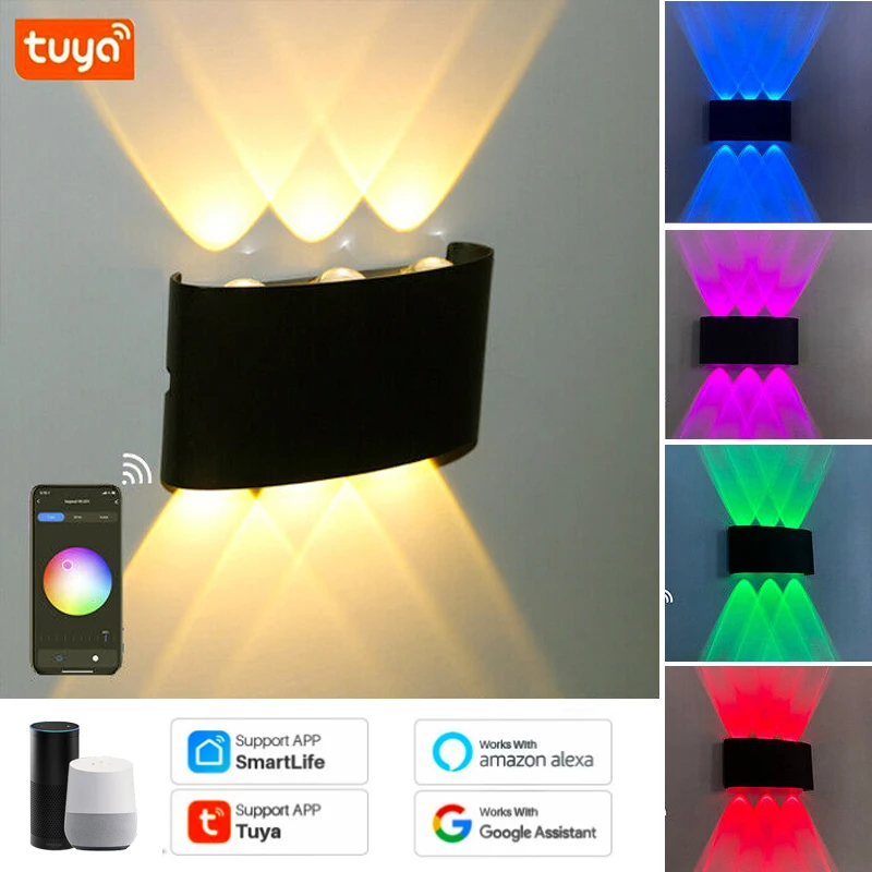 Tuya Smart Life APP controlado 85-265V RGB + CCT IP65 alumínio para cima e para baixo luz regulável externa, funciona com Alexa Google