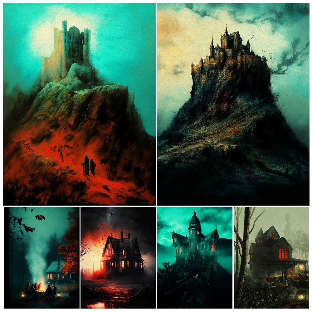 Old Mansions,Castles And Haunted Houses Vintage Wall Art Canvas Painting Creepy House Building Art Poster And Print Home Decor