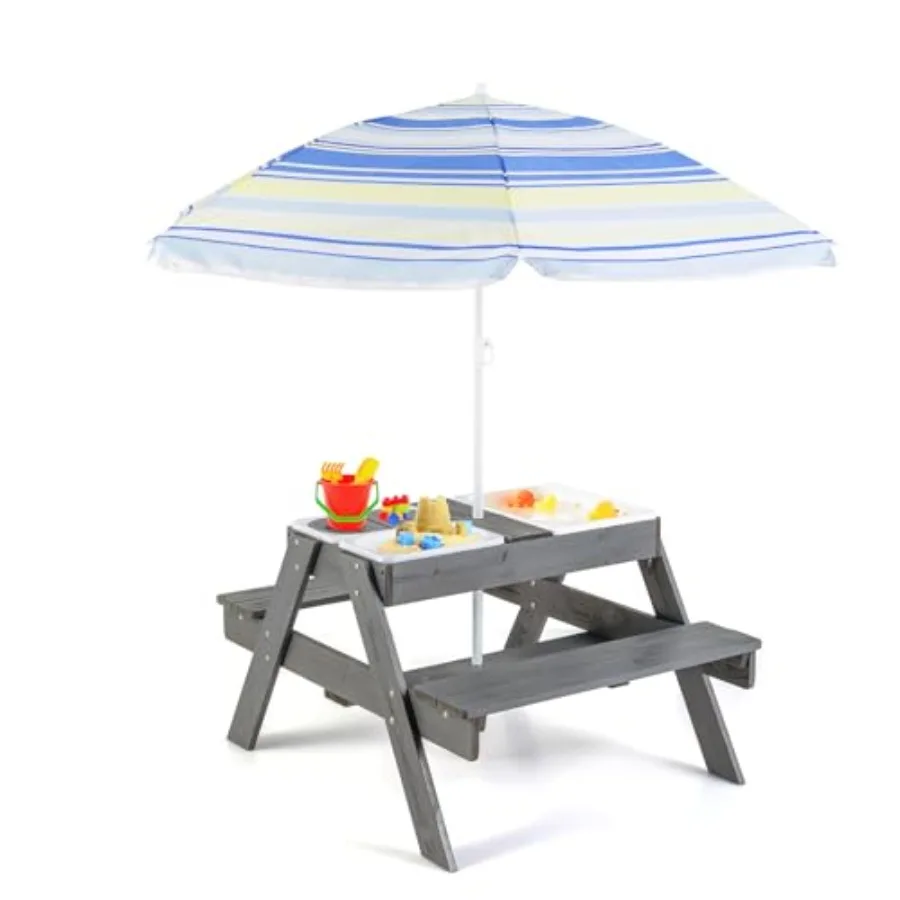 

picnic table 4-in-1 sand and water table with detachable tabletop 3 removable play boxes foldable height-adjustable umbrella wo