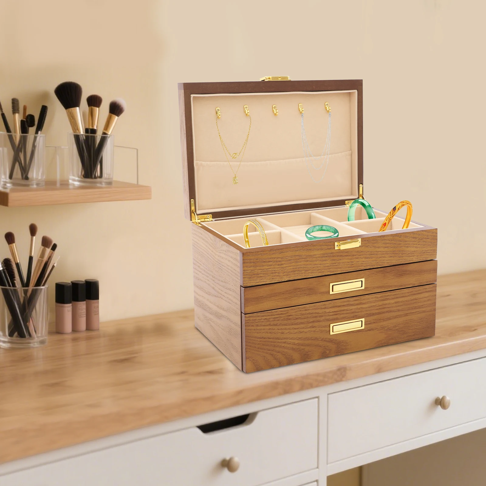 

3-Layer Jewelry Box, Jewelry Organizer Storage Box for storing Earrings, Rings, Necklaces, Bracelets, Watches, Sunglasses, Brown