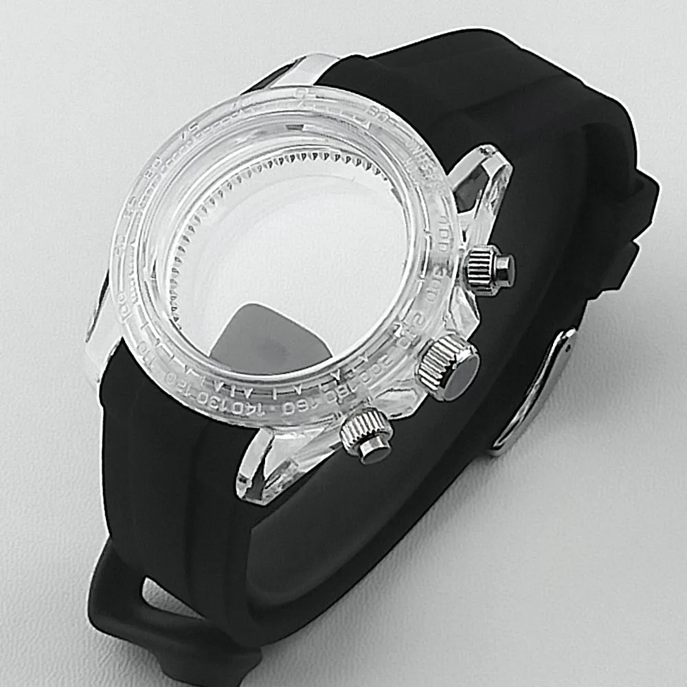 39,5mm Herren-Uhrengehäuse aus Acryl, transparent, geeignet für VK63, mit schwarzem, blauem, grünem, weißem Armband, Uhrenteile und Zubehör – Detail 9