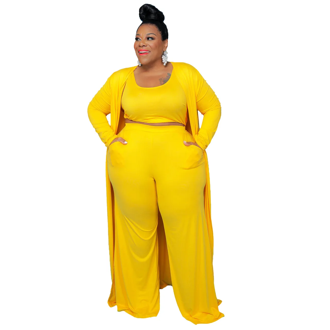 L-5XL Plus Size Women Clothing 2023 Winter New Fashion Long Sleeve Coat and Wide Leg Pant Suits Three Piece Sets Female Outfits