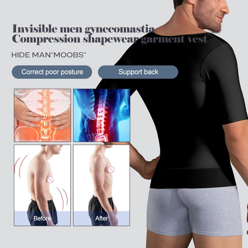 Men Slimming Tummy Control Body Shaper Post Op Surgery Gynecomastia Lipo Short Sleeve Vest Faja Shapewear Top