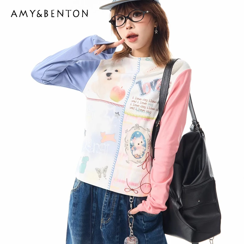 

American Y2K Hot Girl Animal Print Long Sleeve Splicing Women's T-Shirt Spring New Slimming Fit Short Base Shirt Tees Ladies