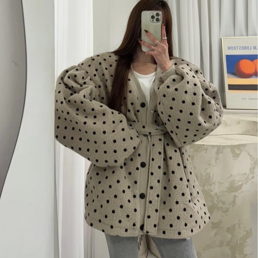 

Women's Chic Winter Outerwear Vintage Polka Dot Loose Fit Thiened Belted Top Commute Sle Regular Length Button Closure
