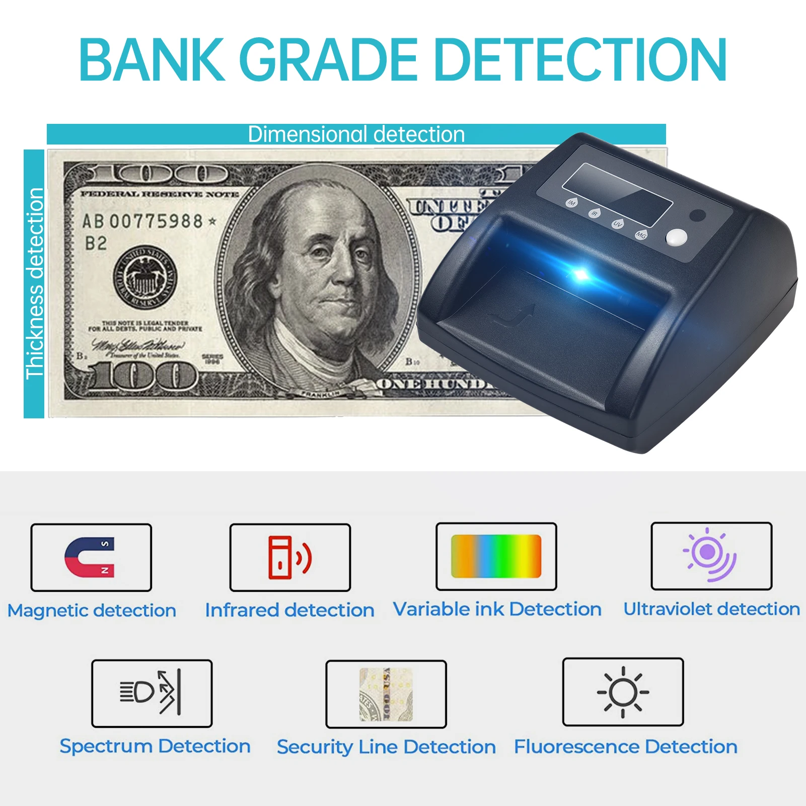 Mini UV Counterfeit Bill Detector EUR Money Counter Automatic Money Detection By UV MG IR Image Paper Quality Size Thickness