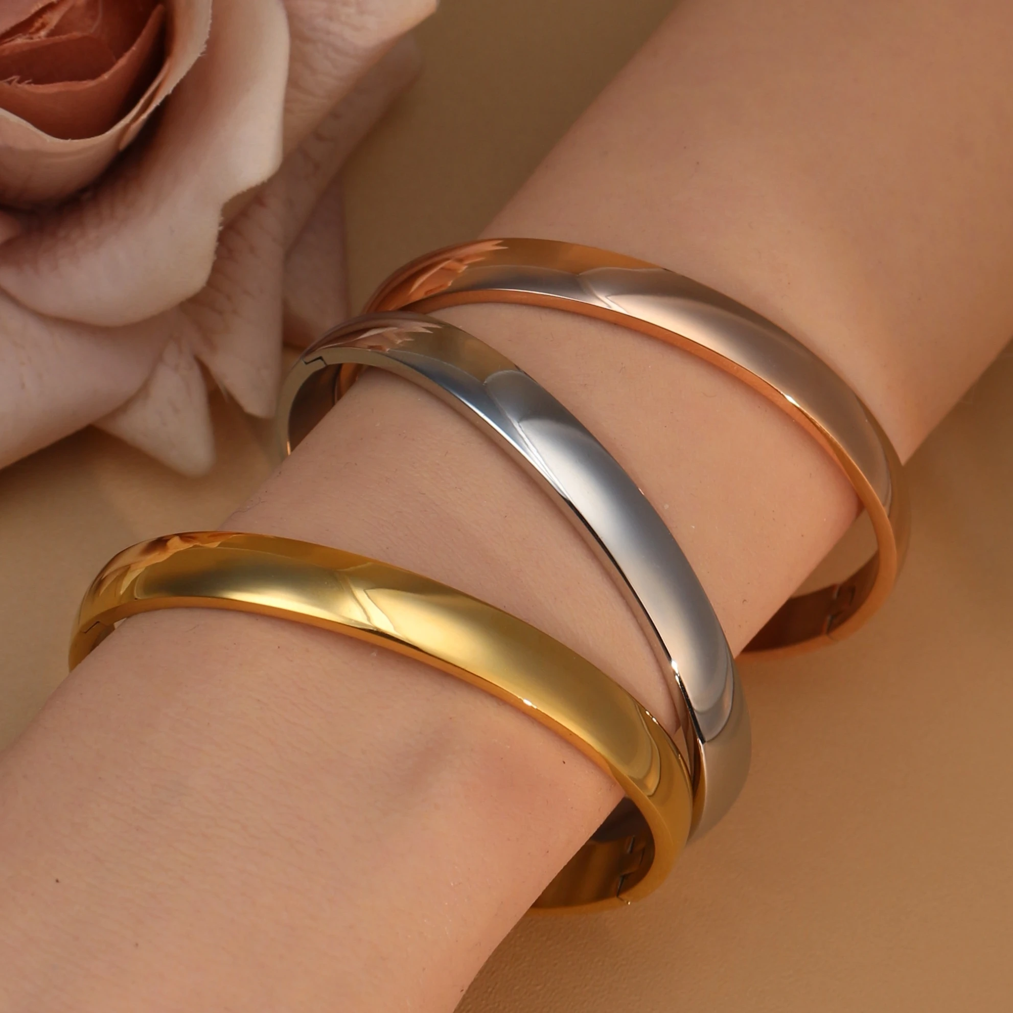 Simple Smooth Couple Jewelry Stainless Steel Rose Gold Colour Lover Men Bangle Plain Love Wome Bracelets For Present