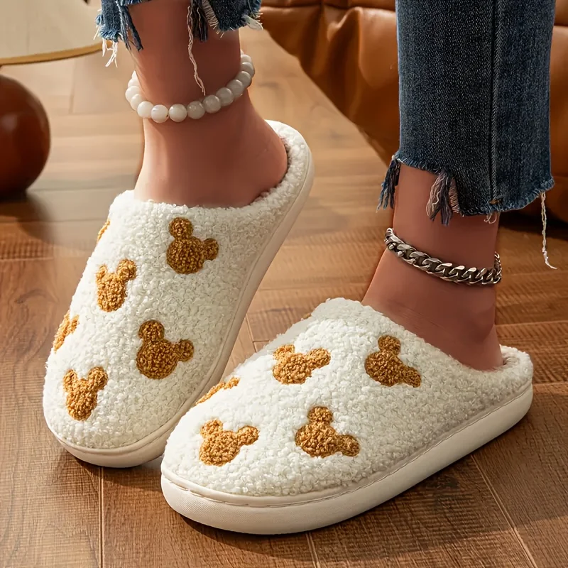 Cozy Winter Cartoon Bear Slippers for Women Casual Plush Warm House Shoes Soft Non-Slip Cotton Indoor Couples Slides TPR Sole