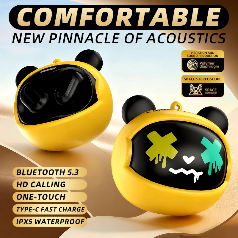 Choice G05D Cartoon Bear Wireless Headphones HiFi Wireless Earphones Rotating Flip-Top Ear Buds for Sport Running Gaming Headset
