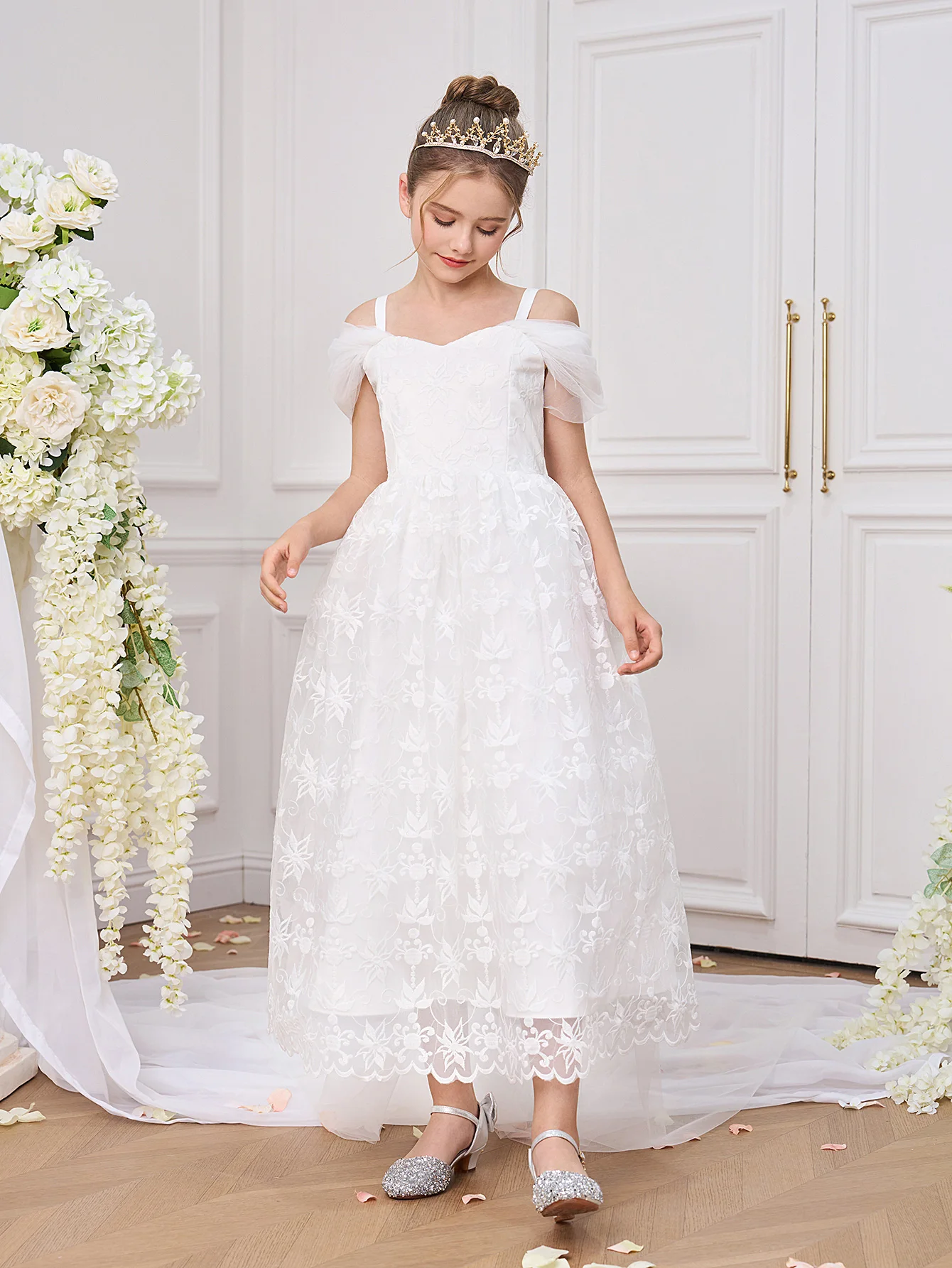 Elegant White Bridesmaid Party Girl Dress Fashion Tulle Wedding Baptism Birthday Prom Dress First Communion Princess Kid Clothes view 6