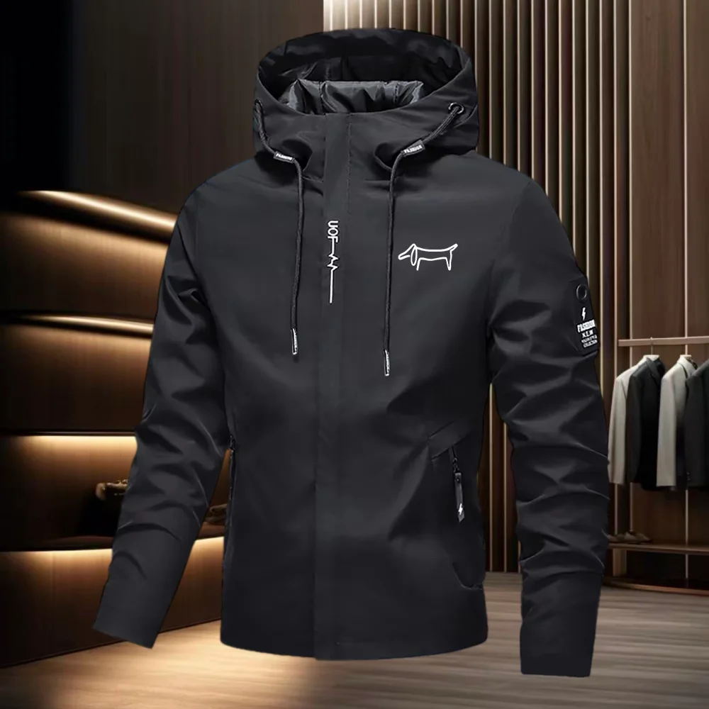 High quality men's exquisite puppy print hooded premium pocket jacket comfortable lightweight autumn street walking long sleeved