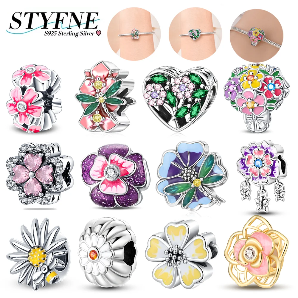 Charms Plata 925 Originales Romantic Flowers Beads For Charms 925 Sterling Silver Bracelet Beads Jewellery Making Women's Gift