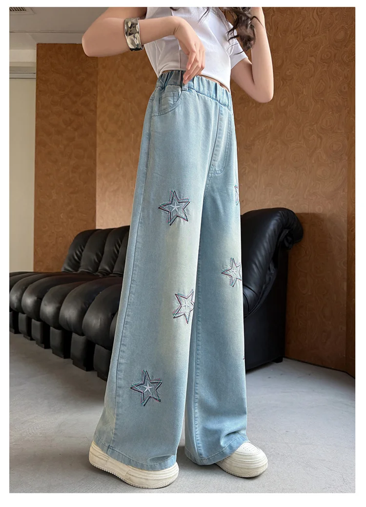Jeans für Teenager-Mädchen mit Stern-Stickerei, Sommerliche Casual-Mode, Kinder-Jeans mit weitem Bein, Dünne Leichte Schulhosen aus Denim – Detail 5