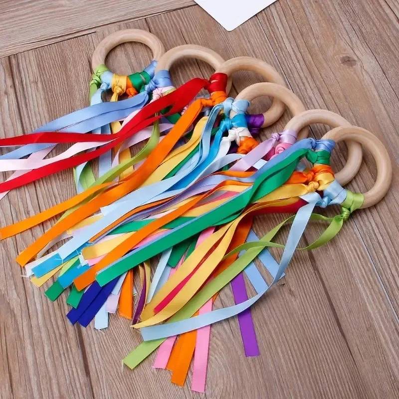 Rainbow Hand Wood Ring Montessori Ribbon Streamer Gymnastics Dance Props Favors Upwards Develop Colour Recognition Sensory Toy