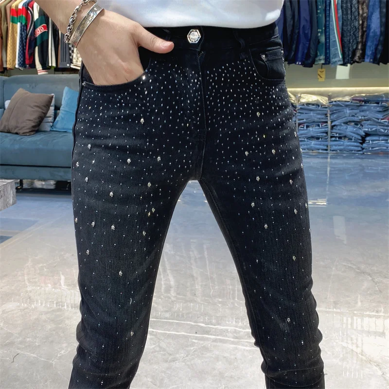 Luxury Hot Drilling Black Jean Men High Street Punk Rock Brand Jeans 2025 Hip Hop Rhinestones Designer Skinny Denim Pant Men