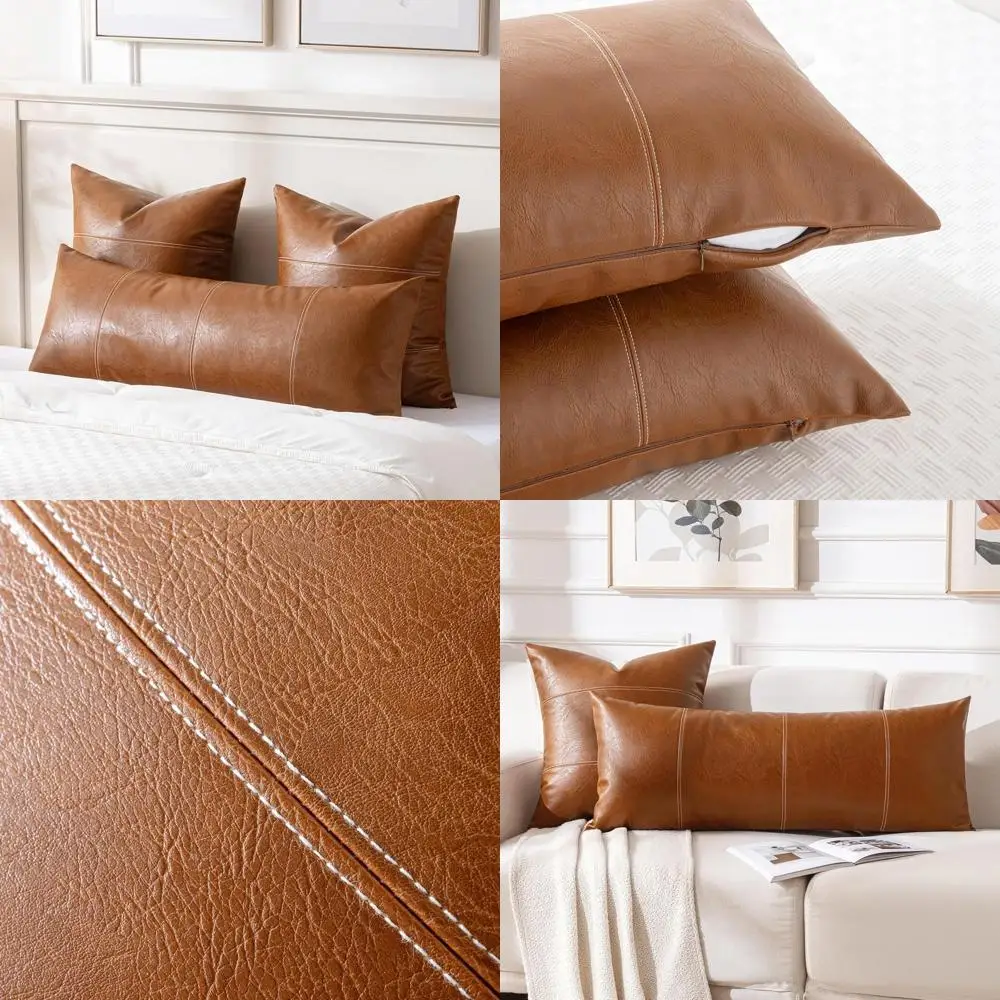 

Brown Boho Style Faux Leather Lumbar Pillow Cover, 14x36 Inches, for Rustic Modern Home Decor
