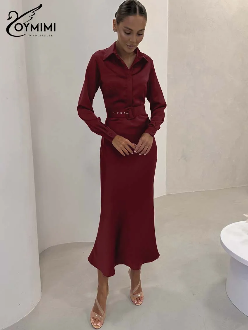 

Oymimi Fashion Red Slim Dresses 2024 Women Elegant Long Sleeve Button Tie Dresses Casual Straight Mid-Calf Dress Female Clothing