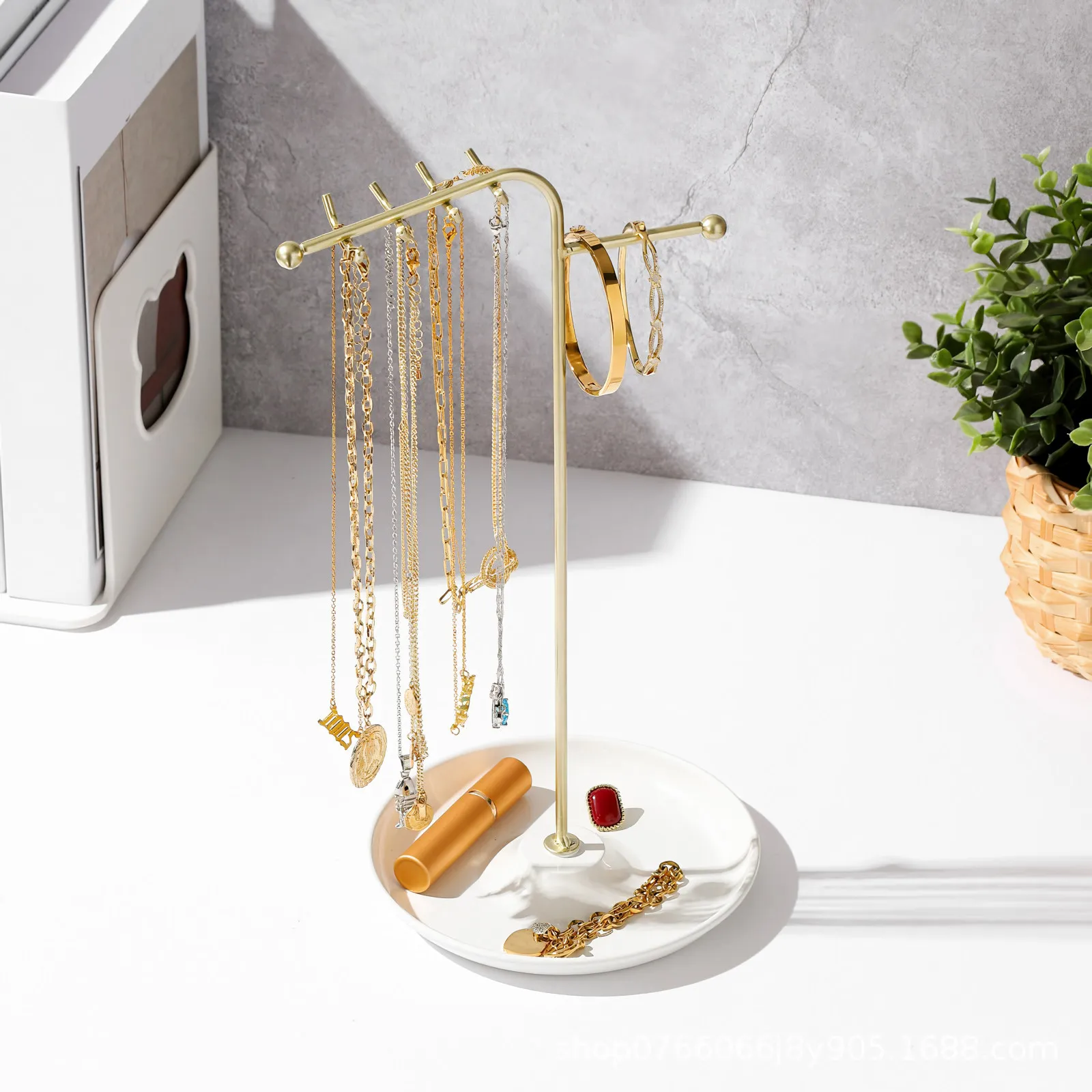 European T Shaped Necklace Holder Jewelry Display Stand Minimalist Metal Tray Space Saving for Earrings Ring Holder