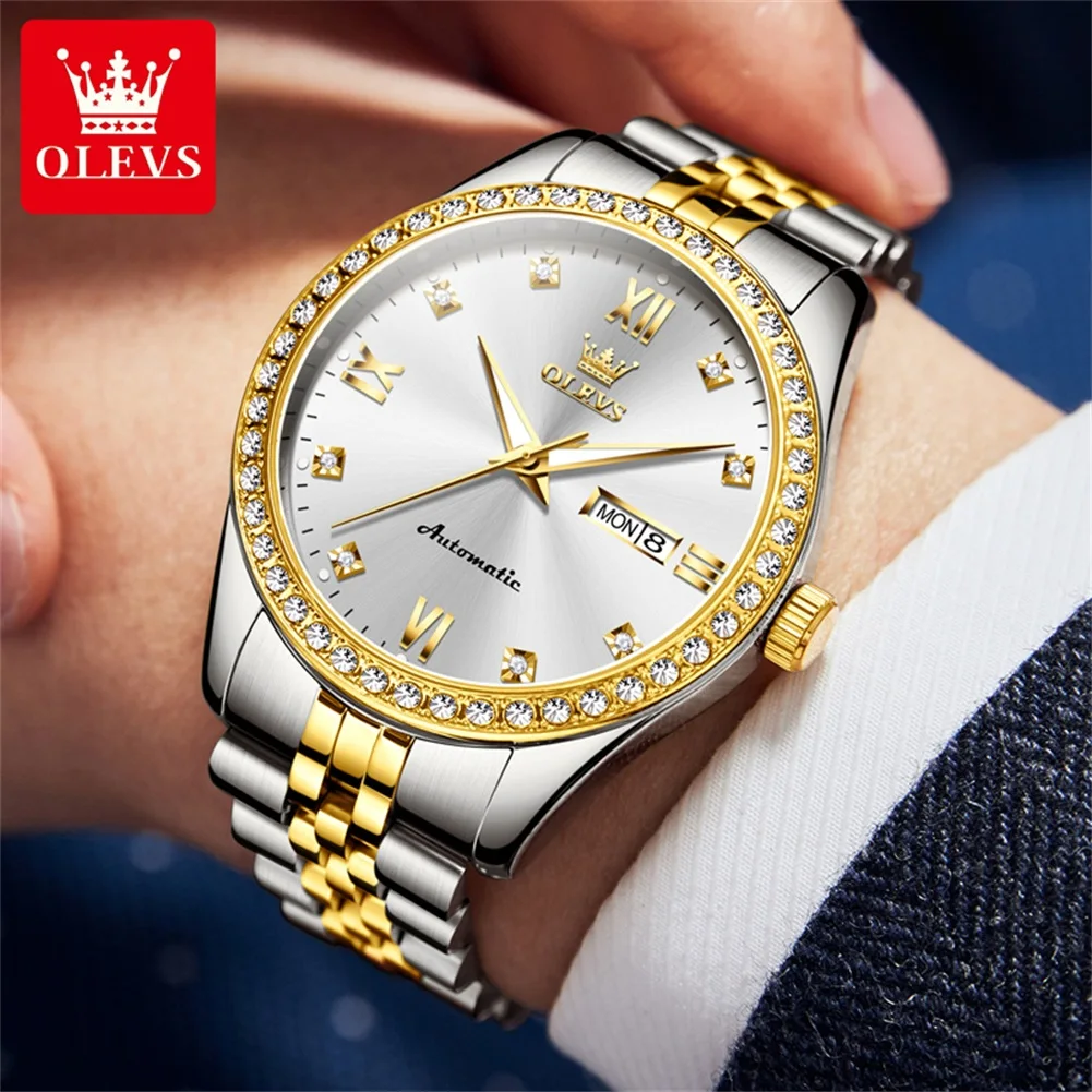 OLEVS 7012 Diamond Watch for Men Automatic Mechanical Men Wristwatch Week Calendar Luminous Stainless Steel Men\'s Watches NEW