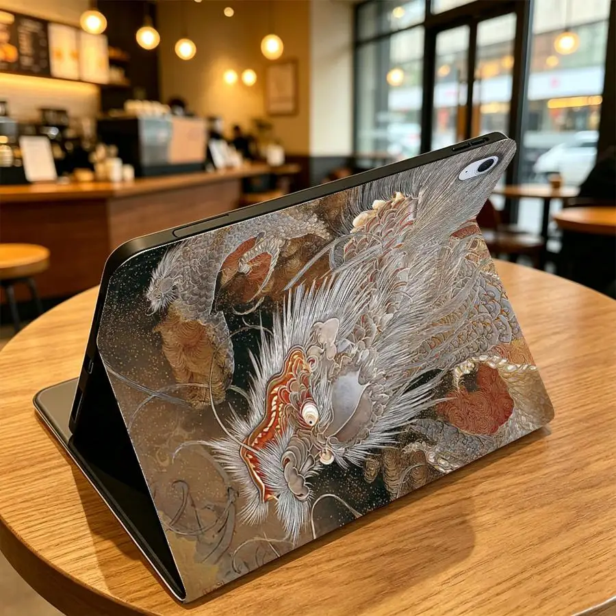 Beige Ink Dragon Print With Pencil Holder Case for Samsung Galaxy Tab S10FE S11 S10 Plus A7 Lite A8 A11 A9Plus S7 S8+ S9 FE S9+