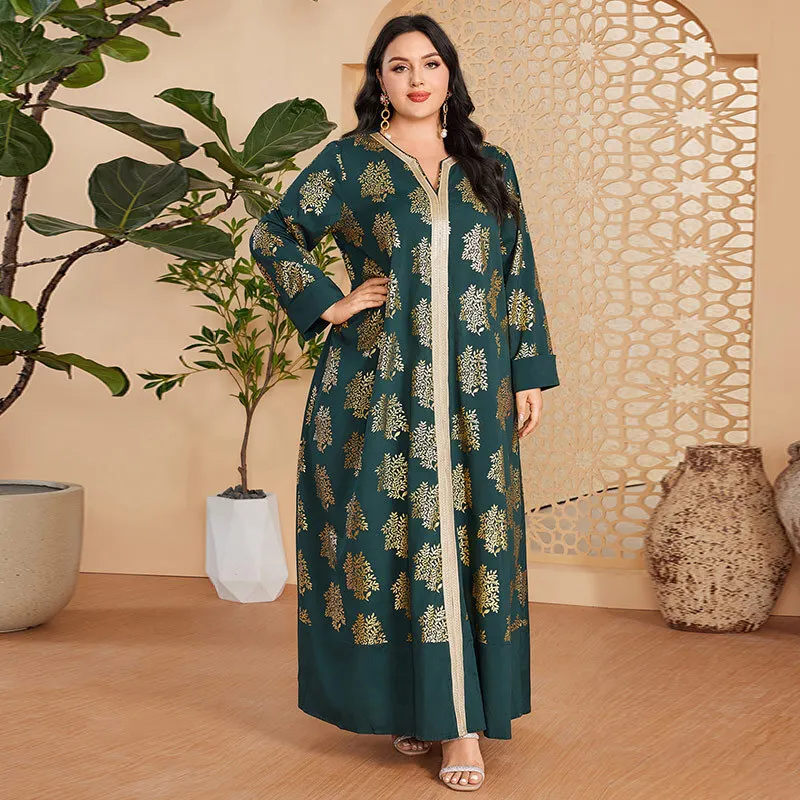 

KYP978 plus size women's Muslim hot stamping long sleeved robe, simple and loose casual dress