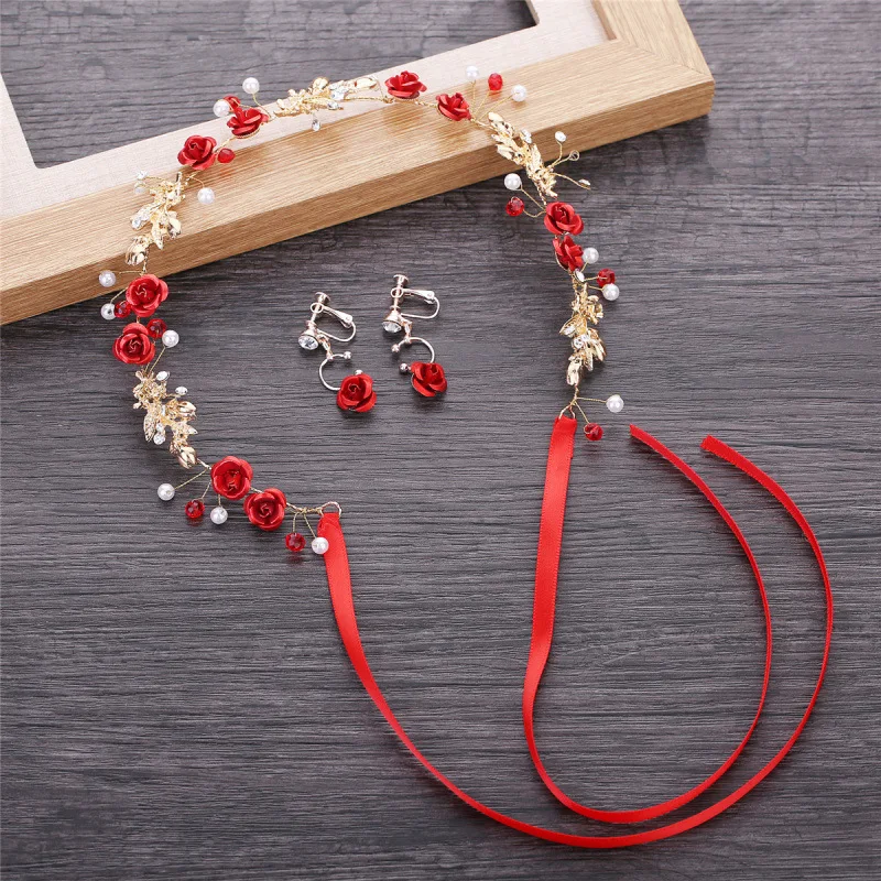 Chinese Hair Accessories Headband For Women Vintage Red Flower Pearl Hairbands Bridal With Earrings Wedding Hanfu Hair Jewelry