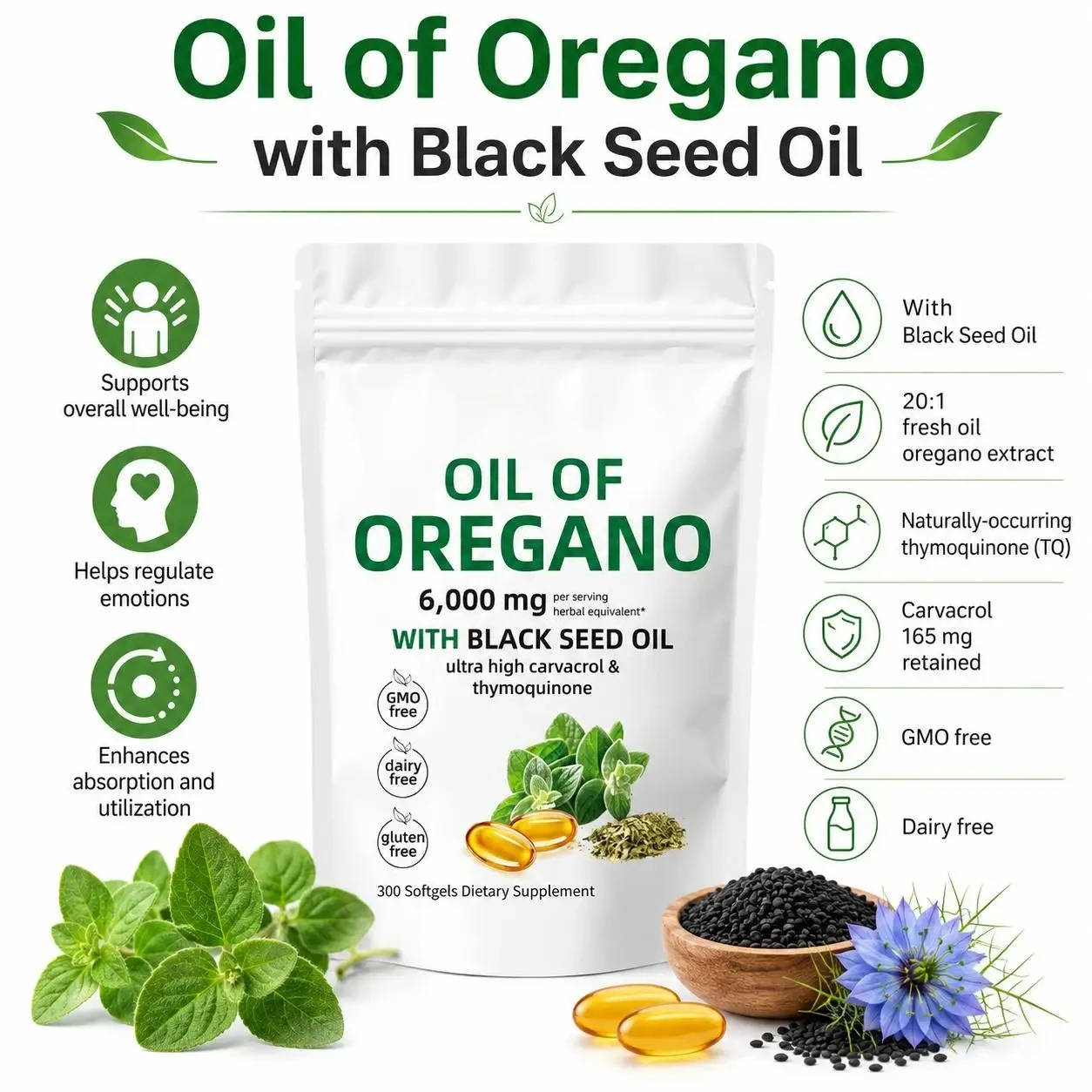 Oil of Oregano with Black Seed Oil Softgels, Immune, Antioxidant & Digestive Support, Non-GMO, Gluten Free, 300 Softgels