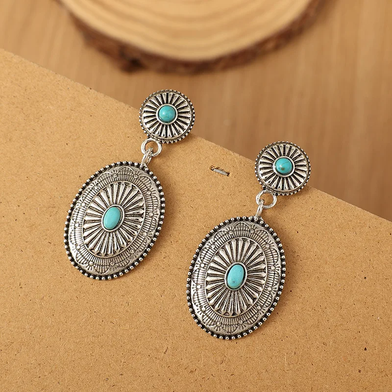 Turquoise and Silvertone Coronado Concho Navajo Turquoise Concho Earrings for Women Western Style Concho Texture Post Earrings