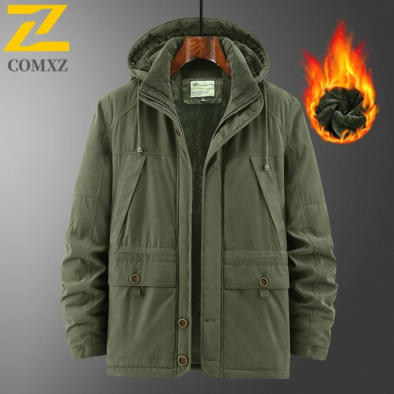 

COMXZ 2025 Men's Fleece Lined Long Workwear Cotton Jacket Winter Outdoor Casual Warm Thick Lightweight Comfortable Coat