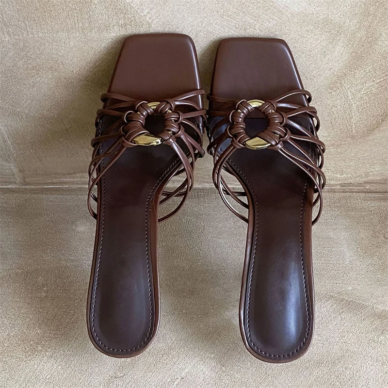 

Eilyken Fashion Metal Decoration Narrow Band Women Slippers Summer Square Toe Thin Heels Party Dress Ladies Shoes