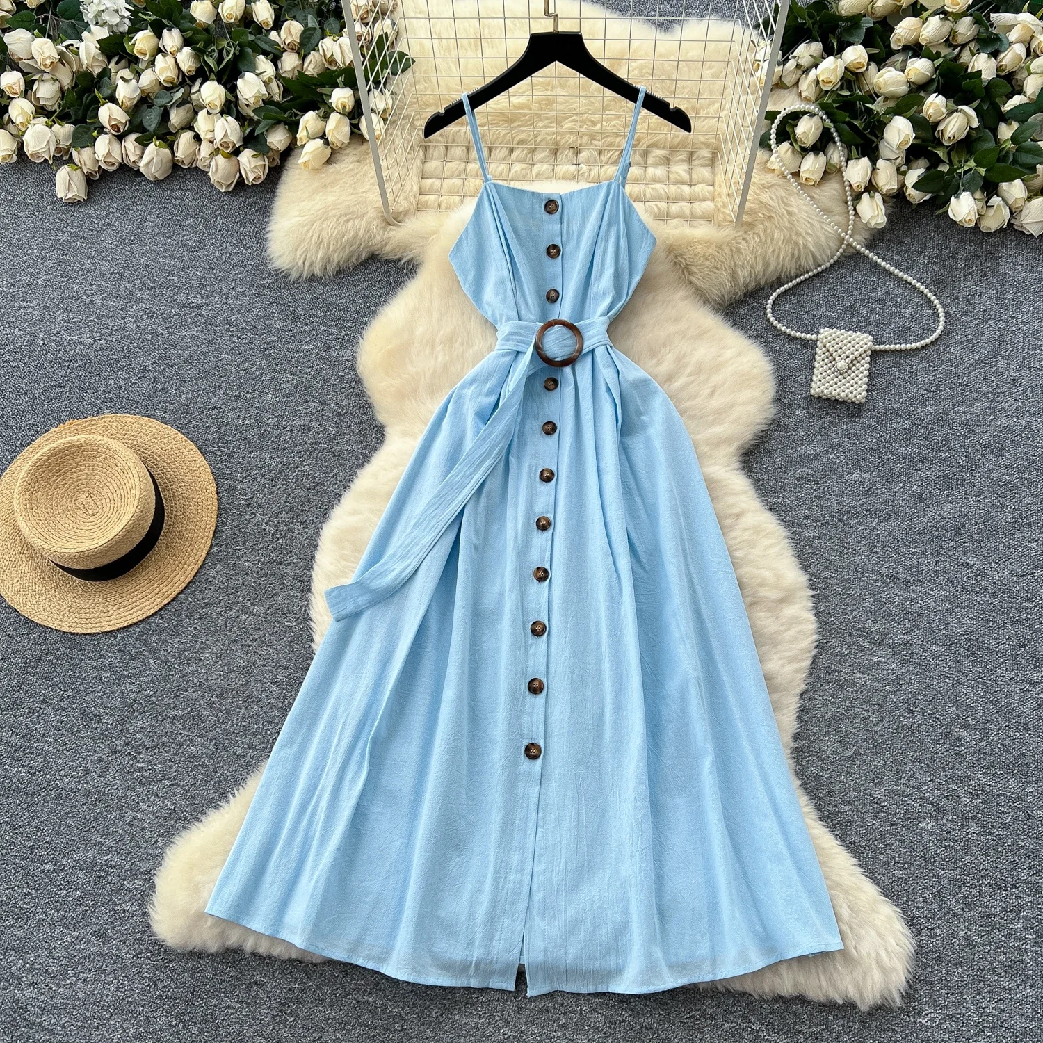 

Clothland Women Stylish Blue Strap Dress Spaghetti Straps Sashes Sleeveless Backless A Line Midi Dresses Vestido Mujer QE075