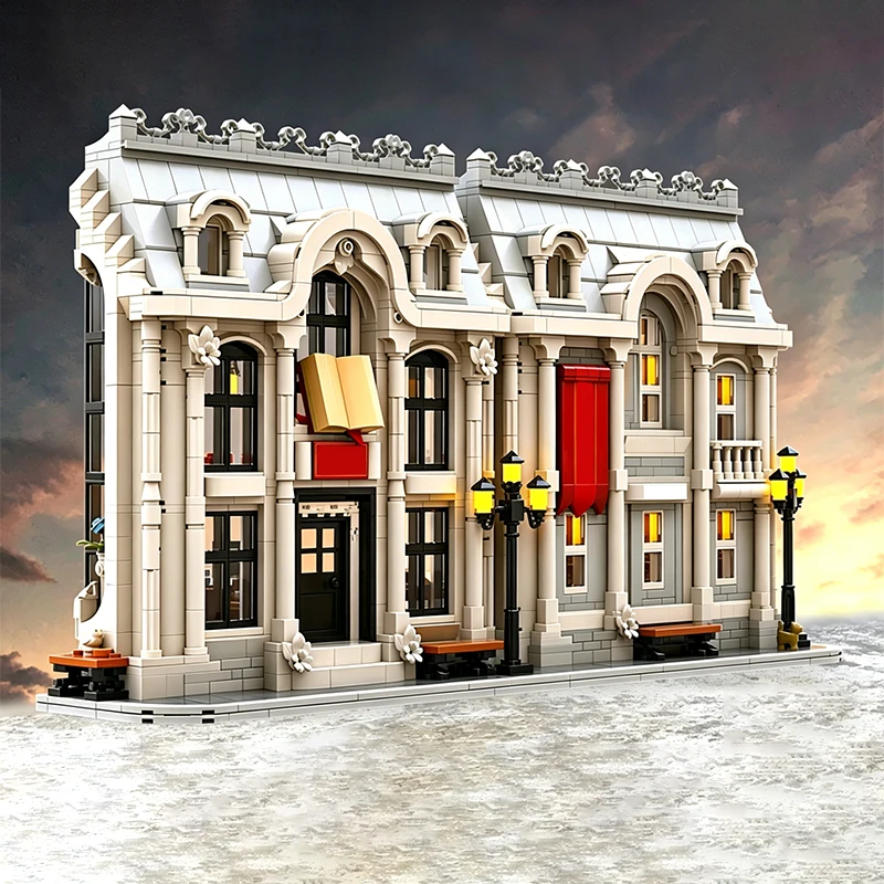 City Street View Model MOC Building Bricks White Luxury Library Modular Technology Gifts Holiday Assemble Children Toys Suit