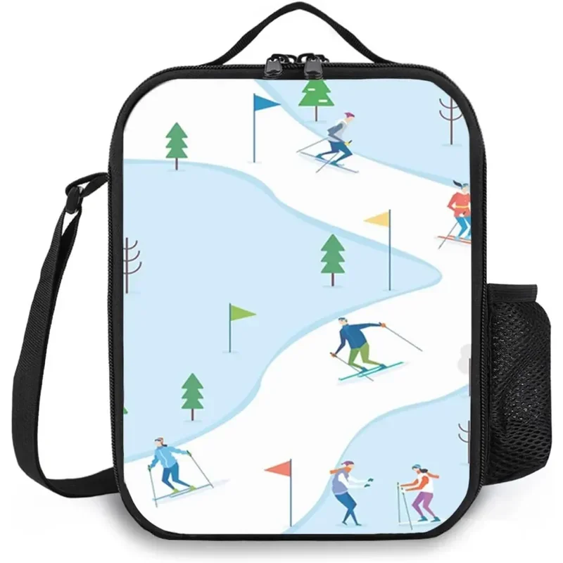 Ski Pattern Reusable Lunch Bag for Women Men, Snowboard People Leakproof Insulated Lunch Box with Zipper for Work,Picnic,Camping