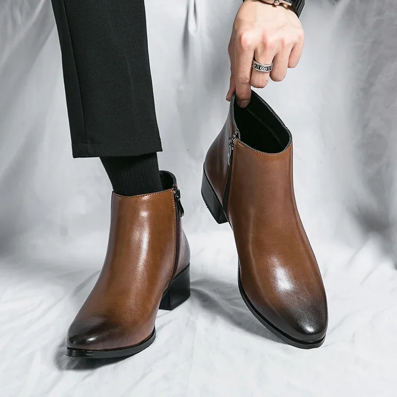 Klassische schwarze Leder-Stiefeletten für Herren und Damen im britischen Stil, Chelsea-Stiefel mit spitzer Zehenpartie, bequeme High-Top-Schuhe – Detail 17