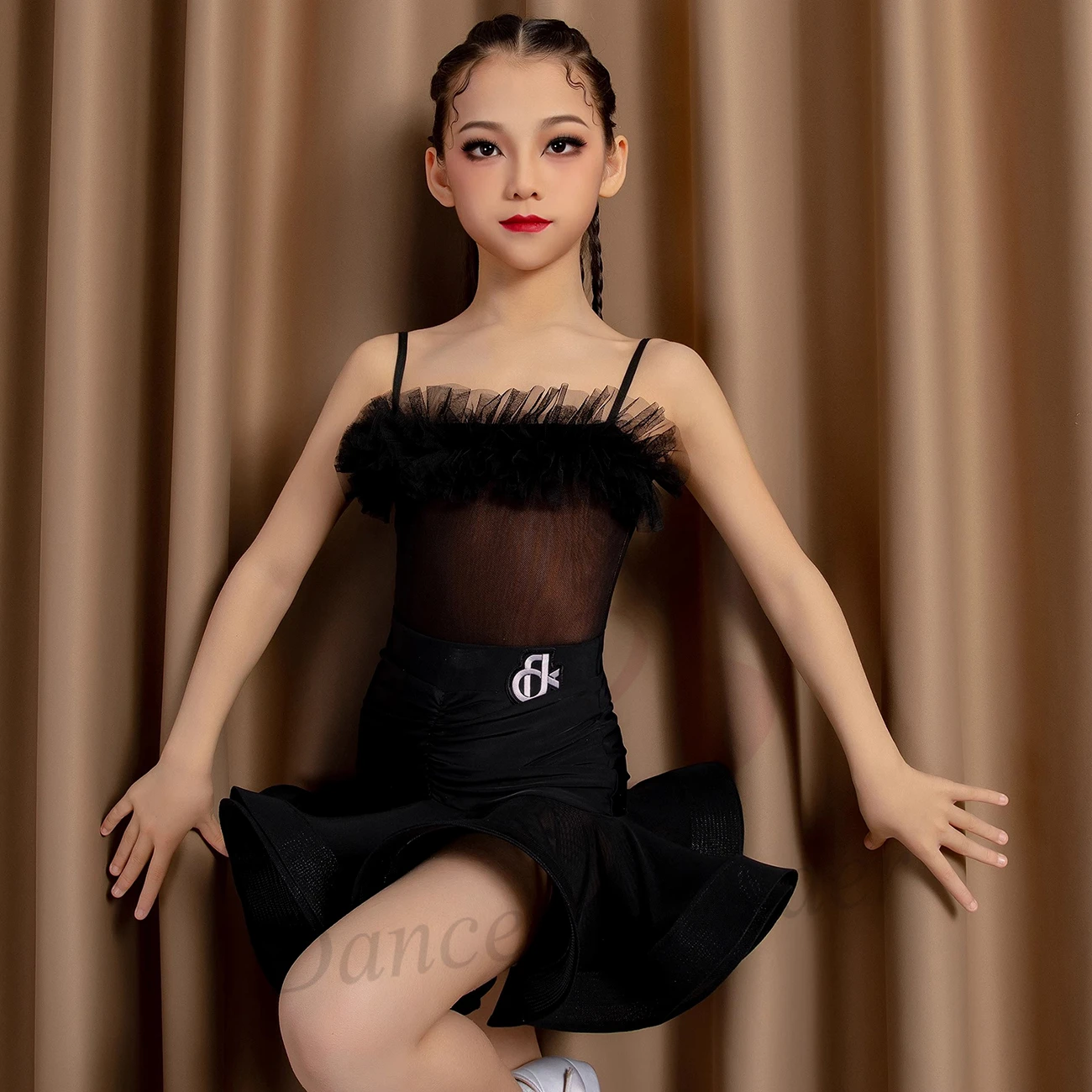 Latin Dance Dress, Black Suspender Mesh Fishbone Skirt, Precisely Tango Women's and Children's Stage Professional Clothing