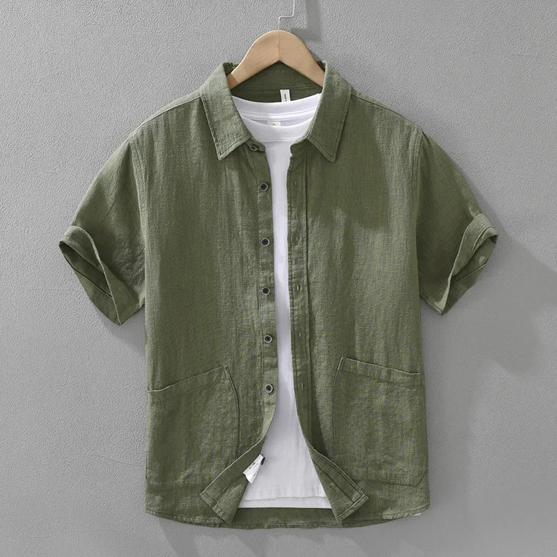 

2026 Spring Summer New Breathable Ramie Cotton Short Sleeve Shirts for Men Clothing Big Pockets Turn-down Collar Shirts