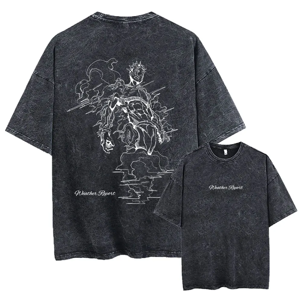Anime Jojo Bizarre Adventure Washed Vintage T-shirt Killer Queen Weather Report Graphic T Shirts Men Manga Oversized T-shirts