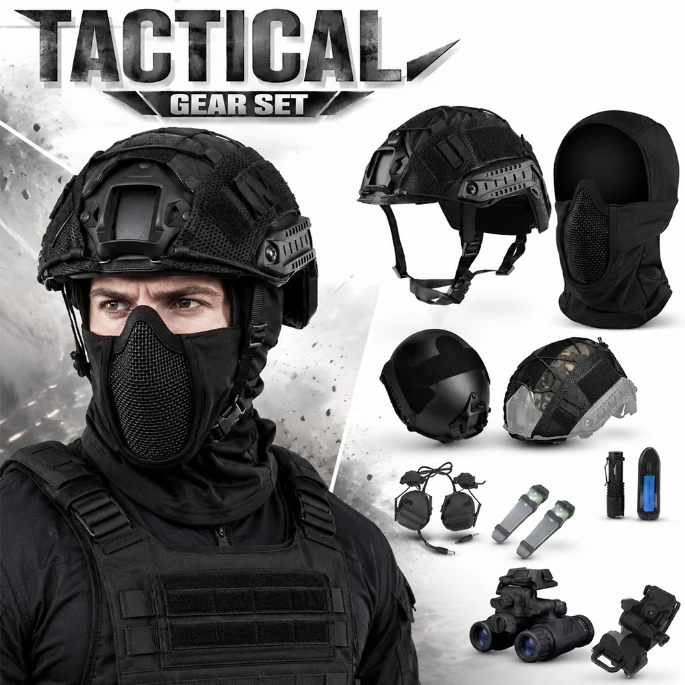 Tactical Helmet Set PJ FAST Helmet with NVG Model Mesh Face Mask Lightweight Protective Gear for Airsoft Paintball Game Cosplay