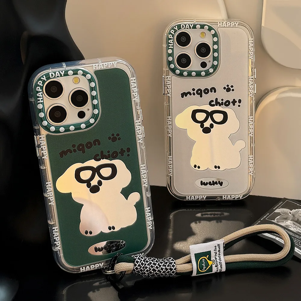 Luxury Cartoon Puppy Make Up Mirror Couple Phone Case For iPhone 17 Air 16 15 14 13 12 11 Pro Max With Lanyard Shockproof Cover