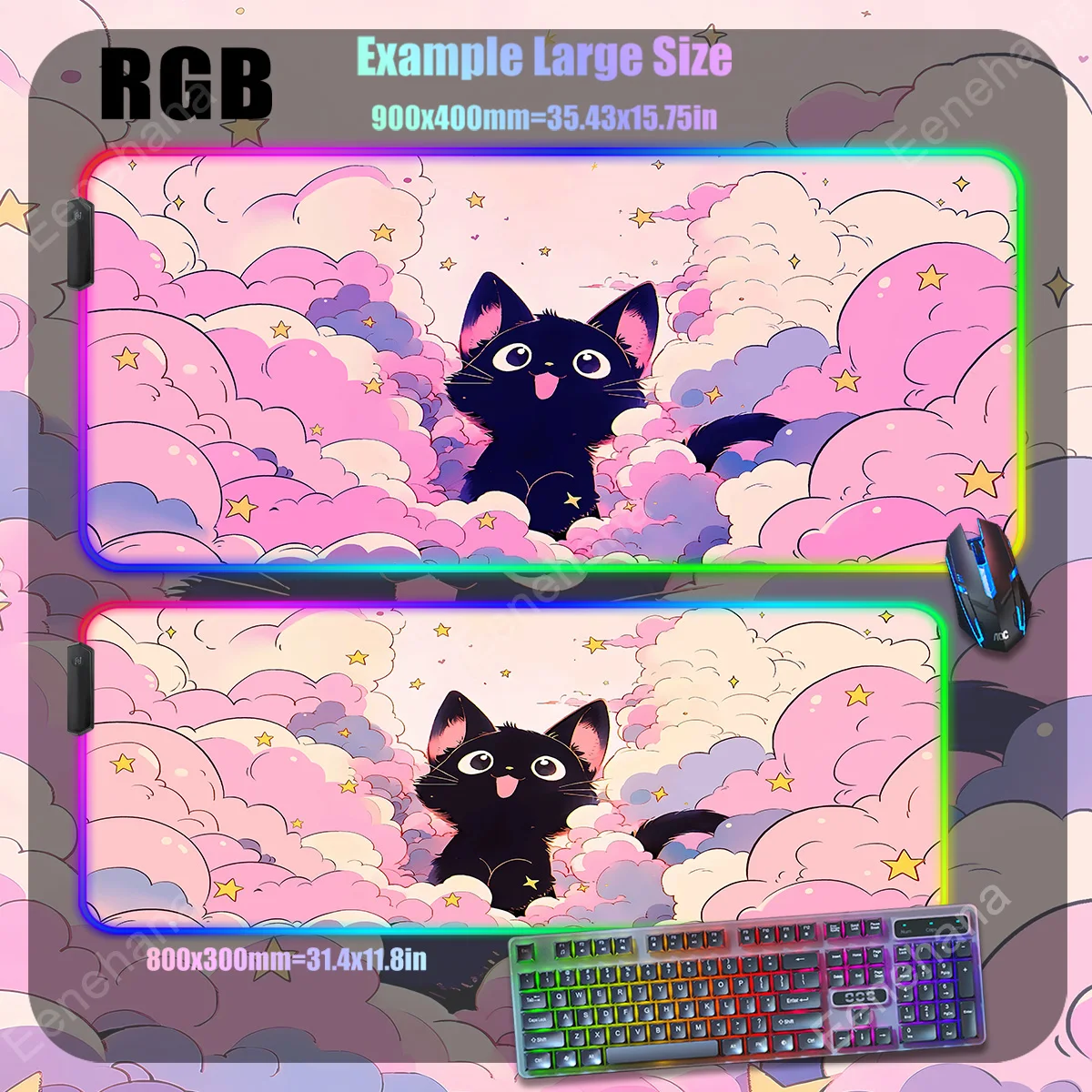 Imagem -02 - Grande Mouse Pad Kawaii com Retroiluminação Rgb para Mulheres Almofadas de Mesa Gato Preto Tapete do Computador de Escritório pc Gamer Nuvem Rosa Estética Menina