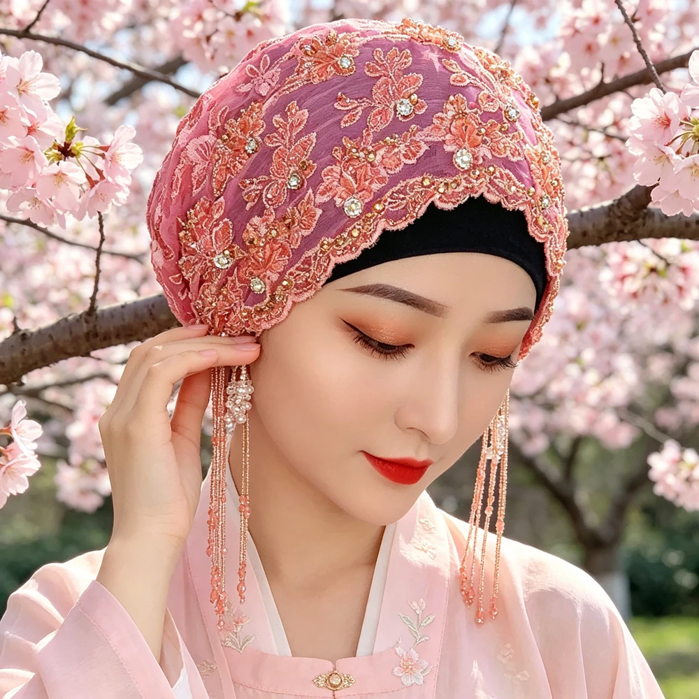 Luxury Embroidery Rhinestone Beaded Tassel Turban Cap Muslim Women Hijab Bonnet Headscarf Wedding Ramadan Eid Party Head Wrap