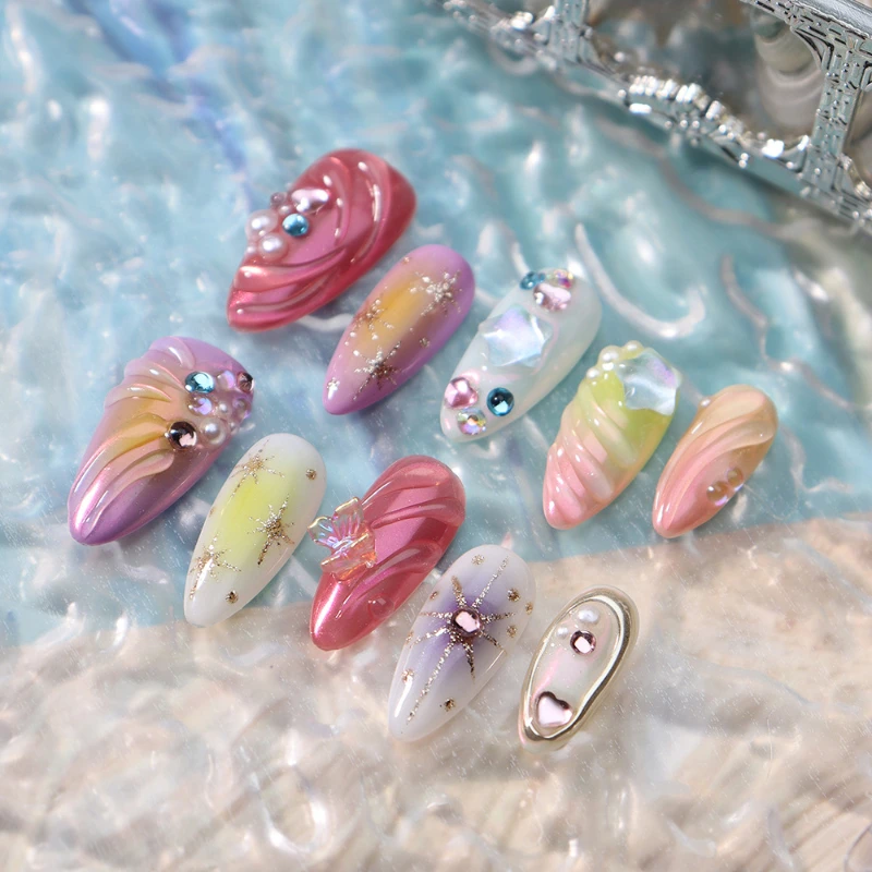 Summer Dopamine Press On Nails Handmade 3D Colorful Gemstones Pearls Ocean Transparent Stars Shiny Almond Nails Fake Nails