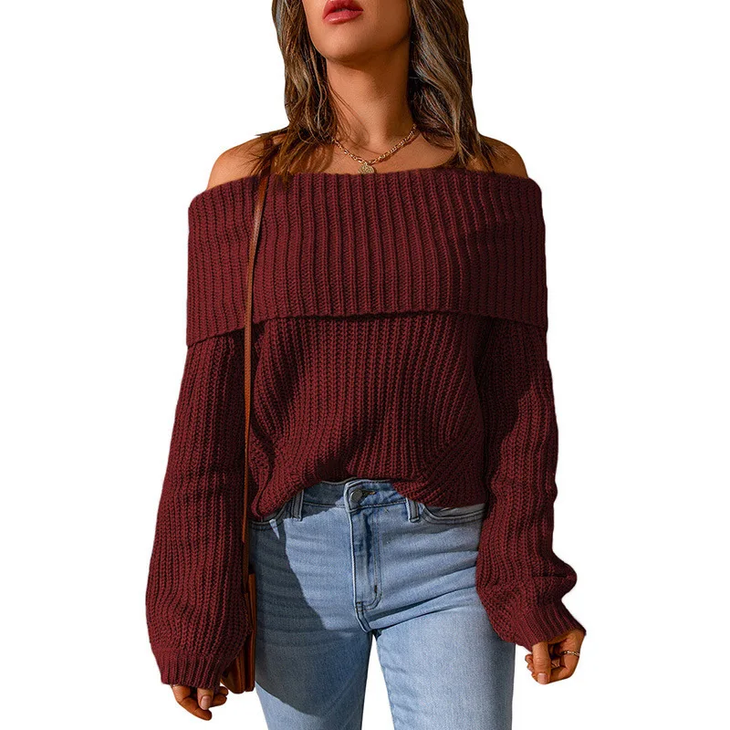 Sweater Women's New One Shoulder Off Shoulder Solid Color Loose Women's Sweater