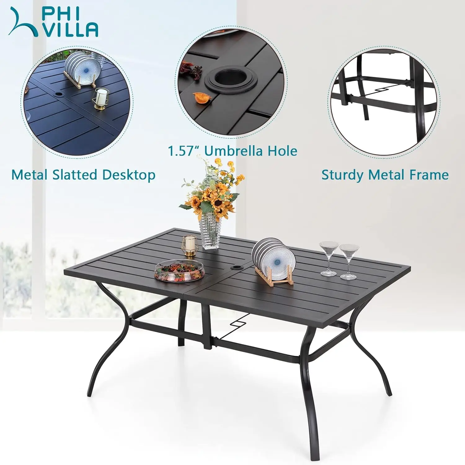 Conjunto de jantar ao ar livre, Cadeiras com mesa de metal grande, 6 cadeiras giratórias acolchoadas, 7 pcs